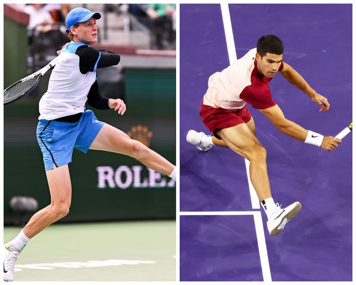 Collage comparativo de Carlos Alcaraz estirándose para llegar a una bola y Jannik Sinner volando para un remate, ilustrando el "duelo de estilos" y la "partitura" analizados por Tim Henman.