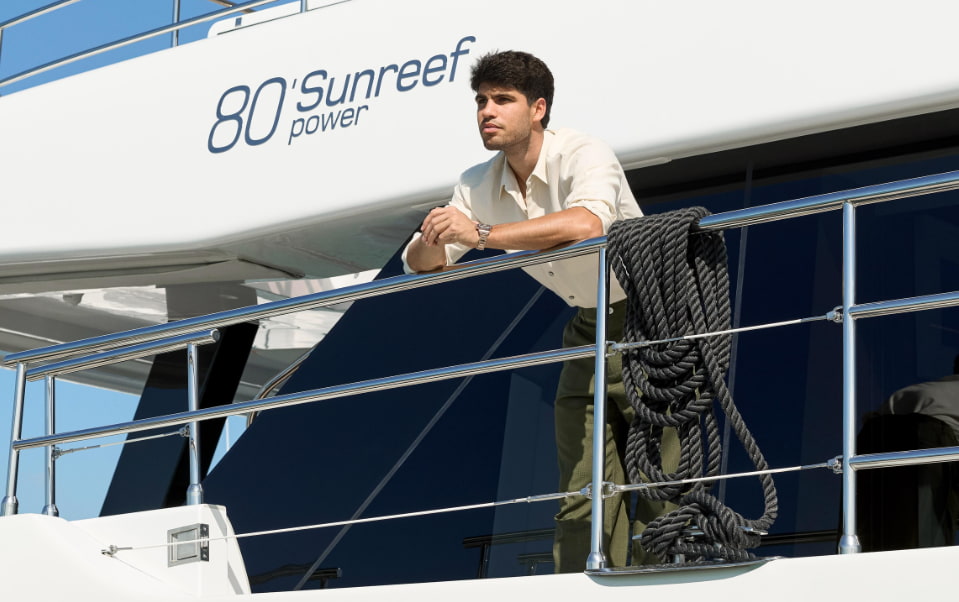 Captura de pantalla del Instagram de Carlos Alcaraz y Sunreef, mostrando al tenista en un yate de lujo con el logo "80' Sunreef power".