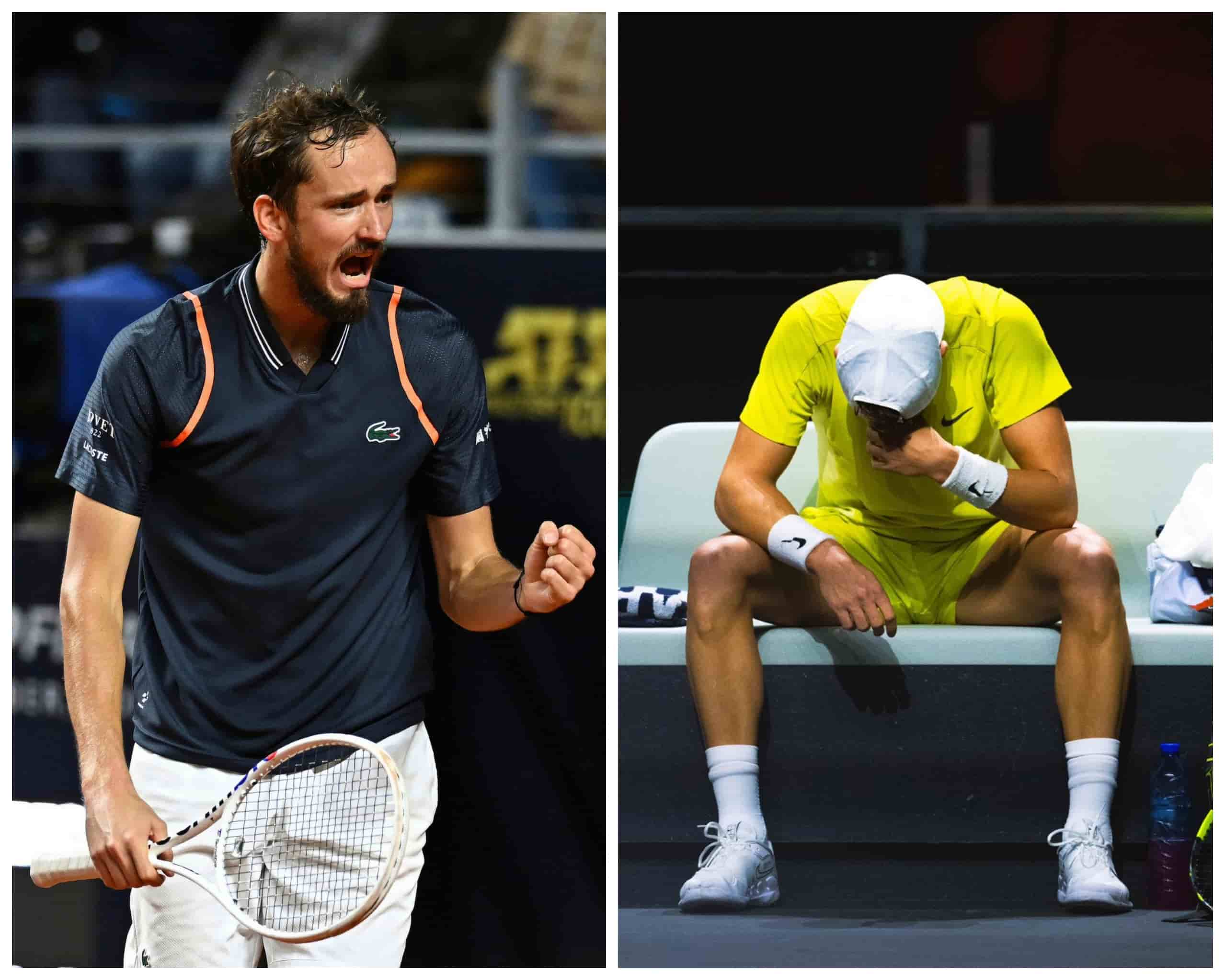 Collage de Daniil Medvedev gritando con desesperación y Holger Rune derrotado en el banco tras ataques con misiles en Dubái y Doha.