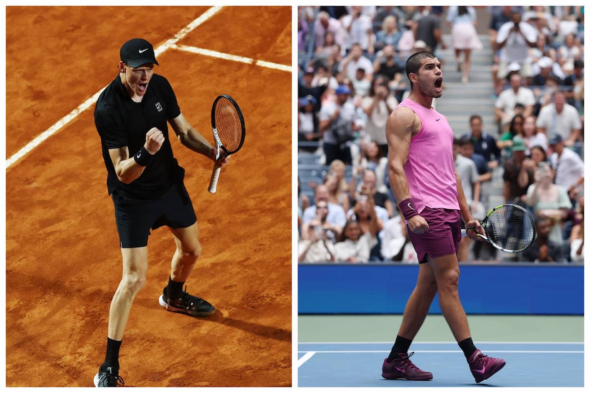 Collage de fotos de Twitter de Jannik Sinner celebrando en arcilla (izquierda) y Carlos Alcaraz celebrando en pista dura (derecha).