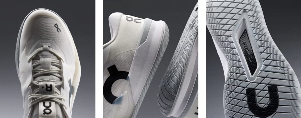 Tríptico de detalles técnicos de la zapatilla de tenis On THE ROGER Pro 3, mostrando el upper, la entresuela de espuma Helion y la Speedboard de carbono.