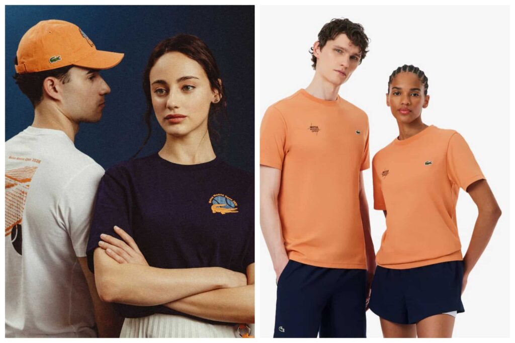 Modelos luciendo la ropa oficial del torneo y el uniforme de los recogepelotas de Lacoste, destacando el uso de gorras naranjas y camisetas con el logo co-branded del Mutua Madrid Open.