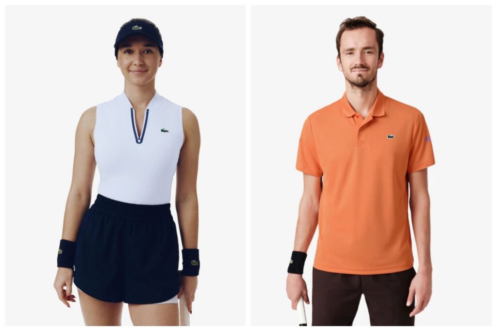 La tenista Eva Lys luce un conjunto blanco con detalles en azul y Daniil Medvedev viste el polo oficial en color terracota de la colección Lacoste para el Mutua Madrid Open 2026.