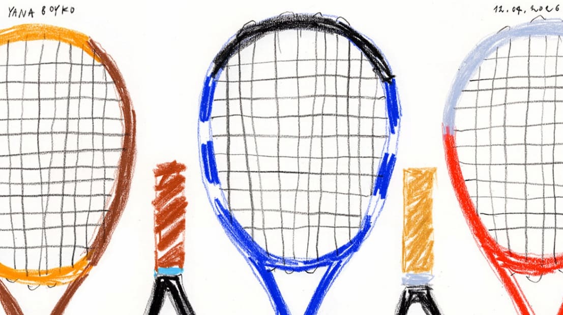 Ilustración original de Yana Boyko de raquetas rotas comparada con el diseño utilizado en las camisetas oficiales del Masters 1000 de Montecarlo.